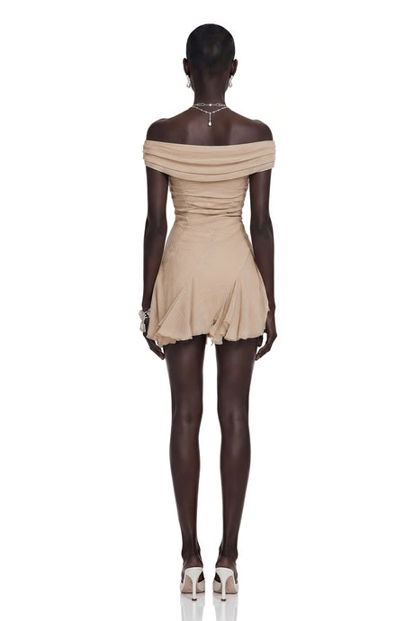 Piera Mini Dress Neutral Mesh Ruffled