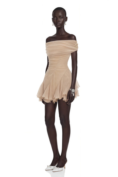 Piera Mini Dress Neutral Mesh Ruffled