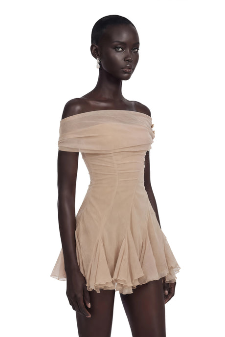 Piera Mini Dress Neutral Mesh Ruffled