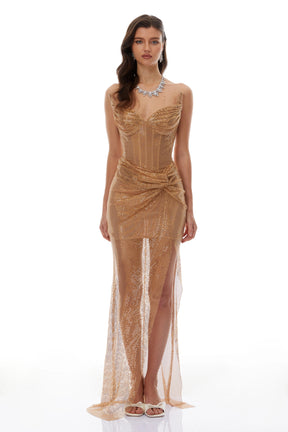 Tatjana Gold Twisted Knot Mesh Midi Dress