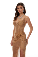 Tatjana Gold Twisted Knot Mesh Midi Dress