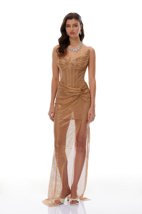 Simonetta Midi Dress Gold Twisted Knot Mesh