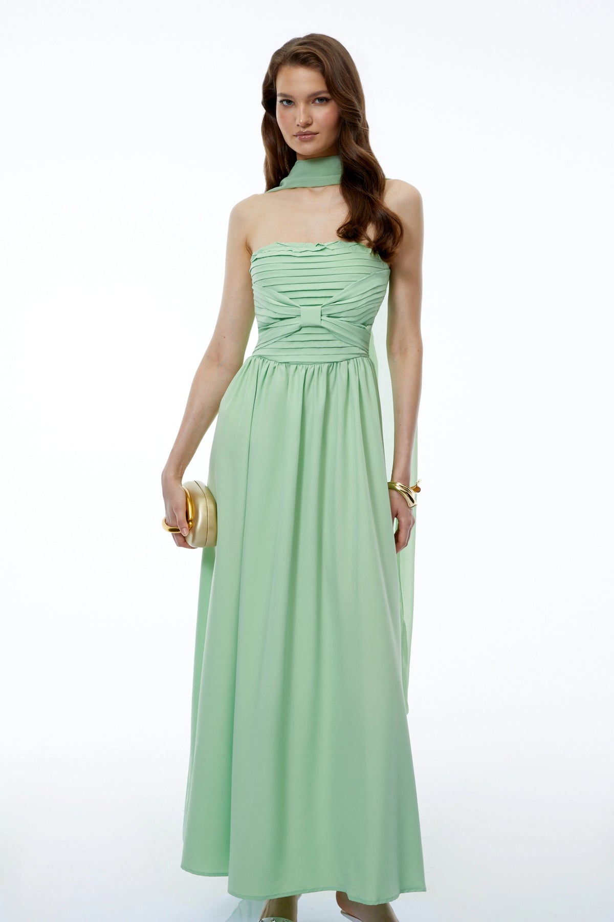 Taylor Sage Green Off Shoulder Pleated Maxi Dress