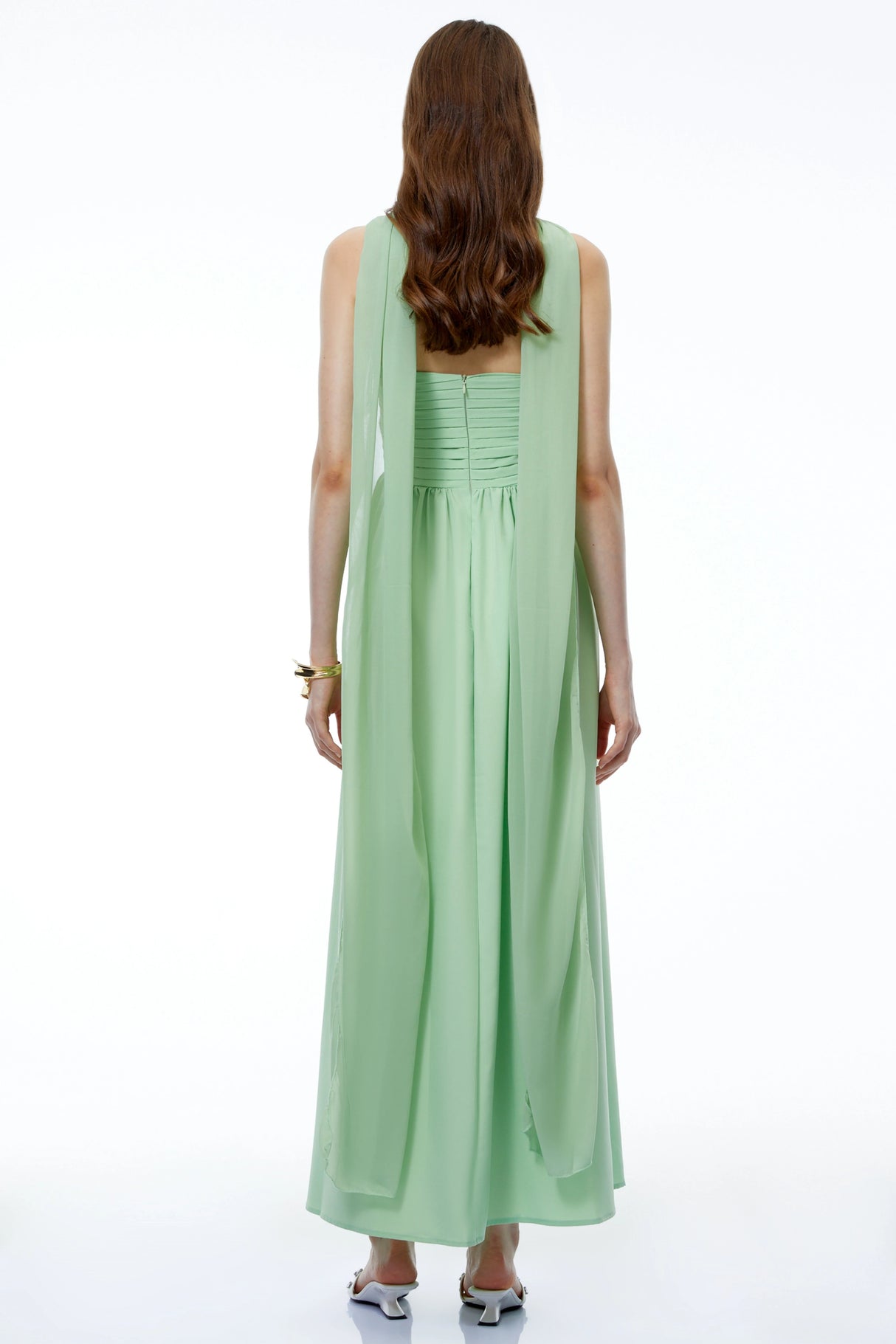 Taylor Sage Green Off Shoulder Pleated Maxi Dress