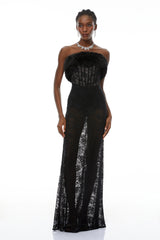 Tecla Black Lace Maxi Dress with Faux Fur Trim