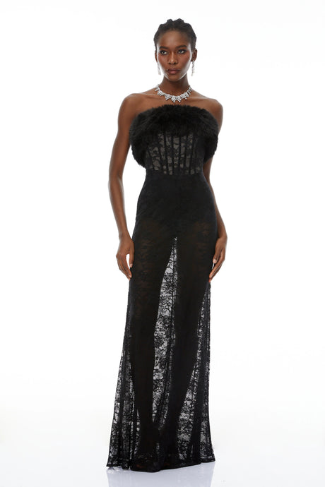 Gloria Maxi Dress Black Lace with Faux Fur Trim
