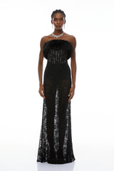 Tecla Black Lace Maxi Dress with Faux Fur Trim