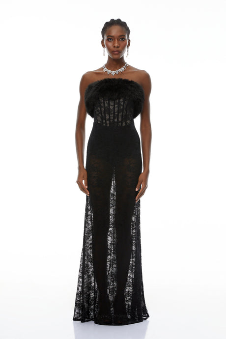 Gloria Maxi Dress Black Lace with Faux Fur Trim