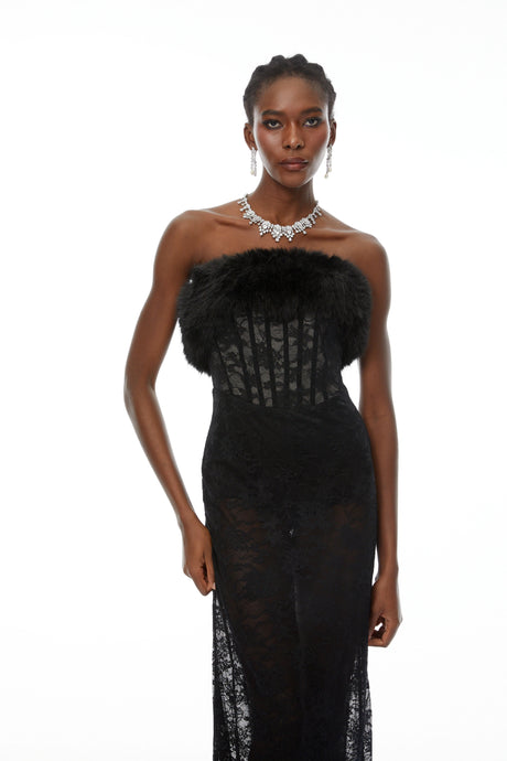Gloria Maxi Dress Black Lace with Faux Fur Trim