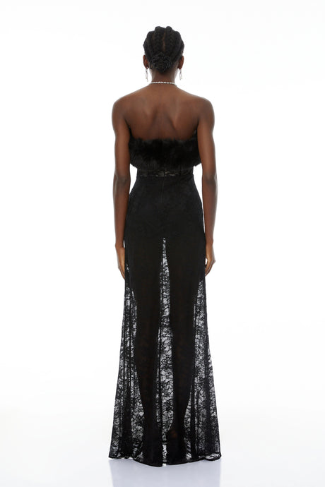 Gloria Maxi Dress Black Lace with Faux Fur Trim