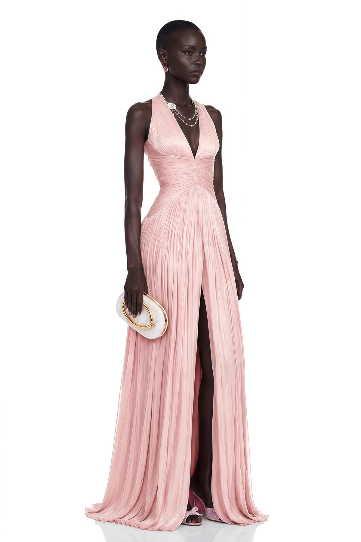 Térébenthine Blush Pink Glossy Gathered Maxi Dress