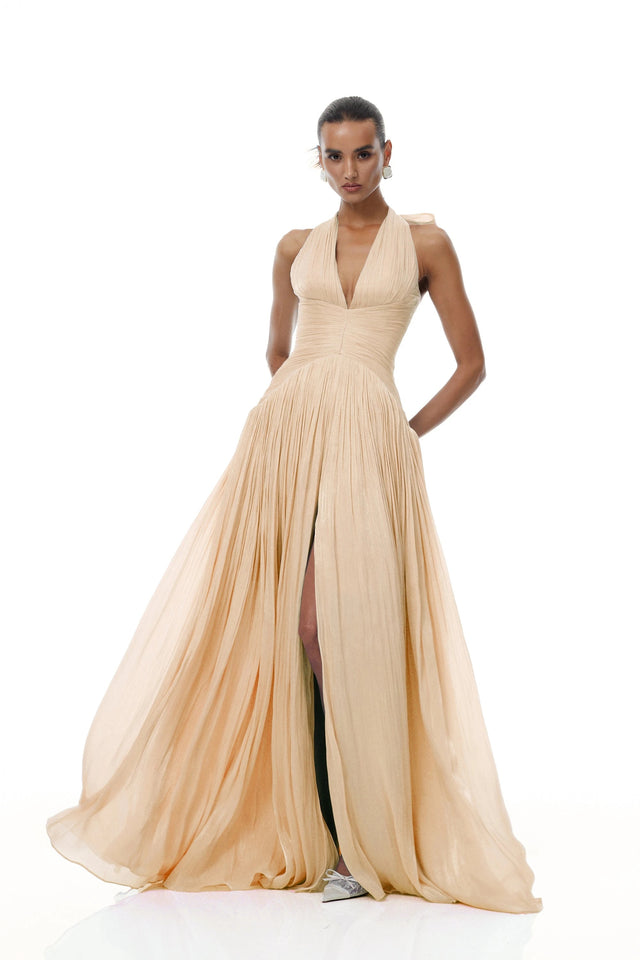 Térébenthine Neutral Glossy Gathered Maxi Dress