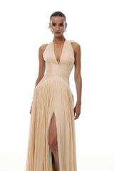 Térébenthine Neutral Glossy Gathered Maxi Dress