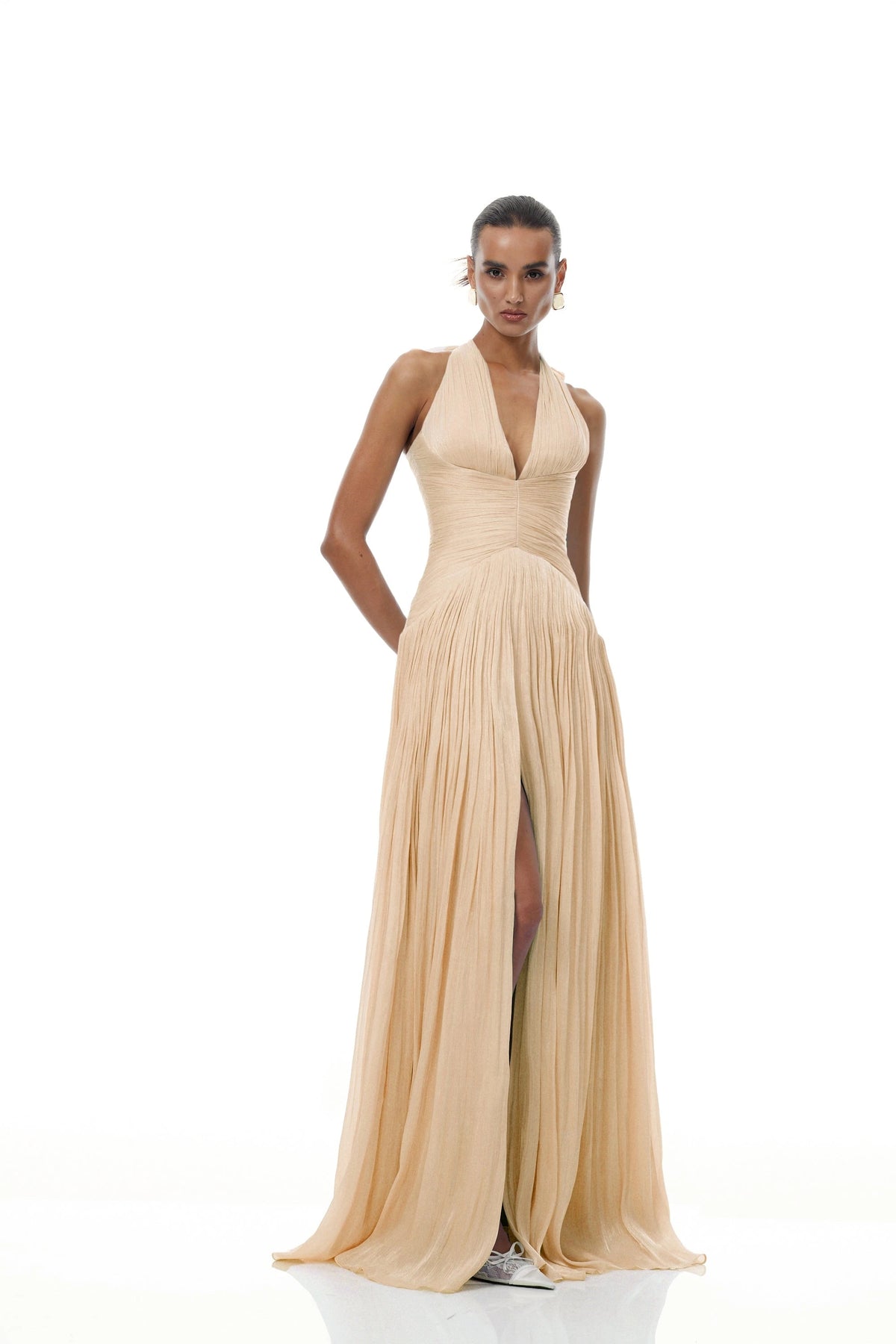 Térébenthine Neutral Glossy Gathered Maxi Dress