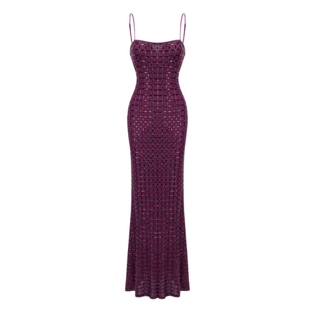 Natalia Maxi Dress Purple Rhinestone Mesh