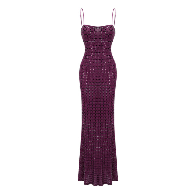 Térébenthine Purple Rhinestone Mesh Maxi Dress