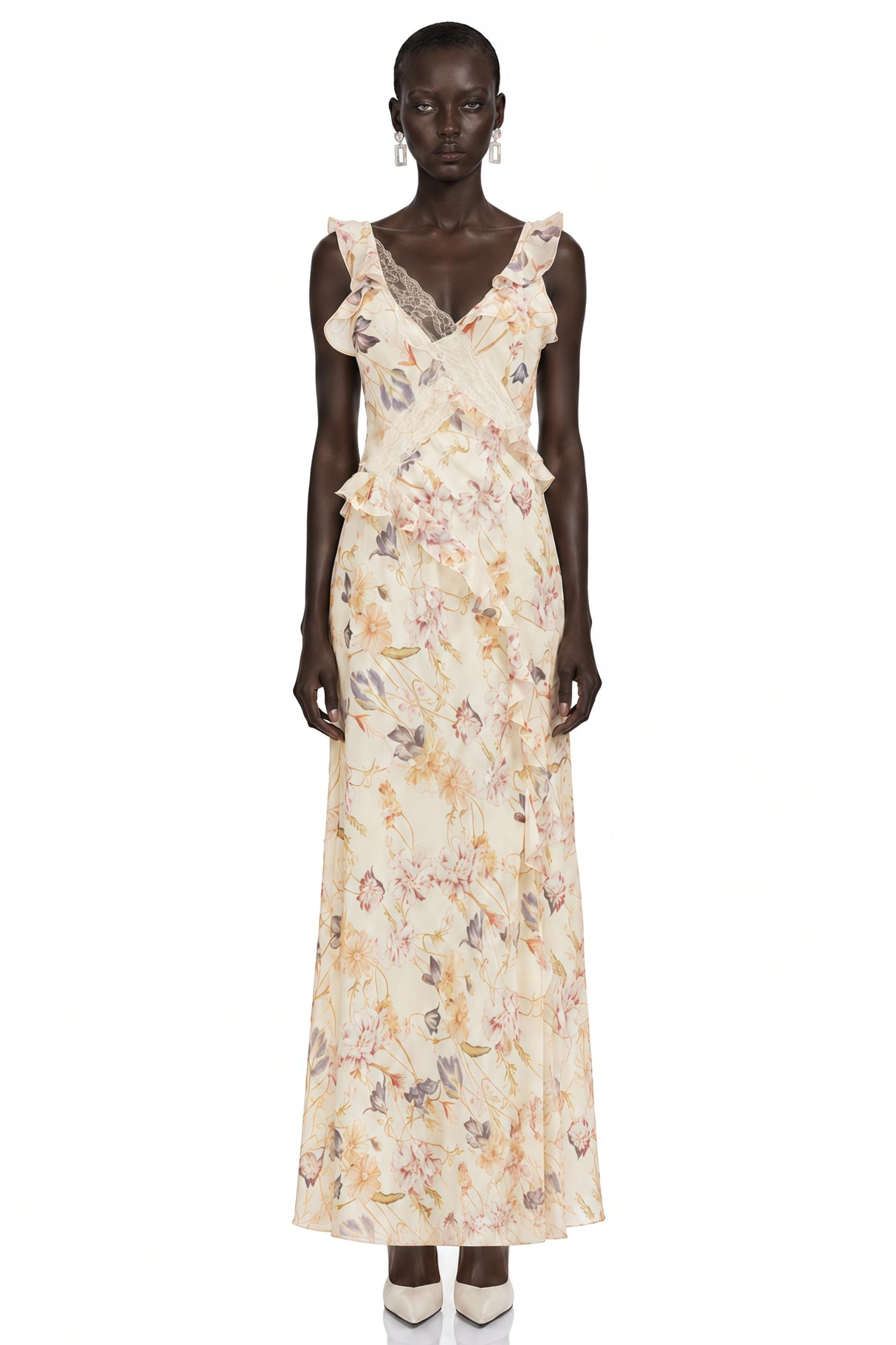 Teresa Cream Floral Print Midi Dress with Lace Panels