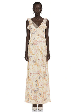 Teresa Cream Floral Print Midi Dress with Lace Panels