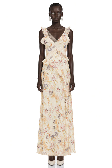 Emanuela Midi Dress Cream Floral Print with Lace Panels