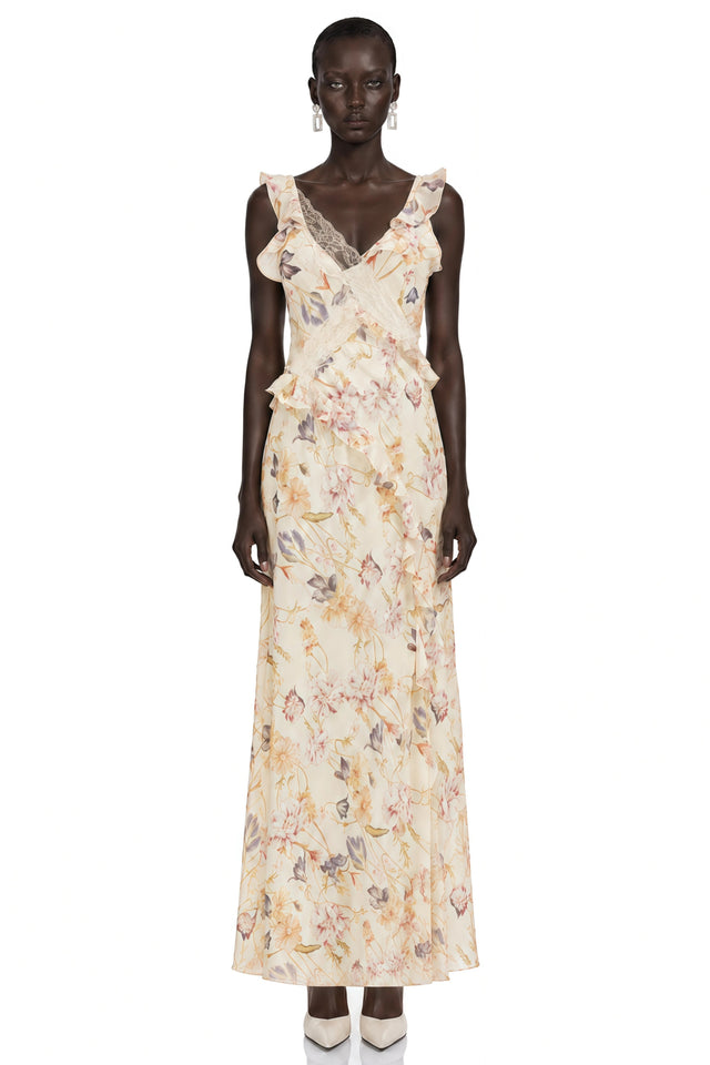 Teresa Cream Floral Print Midi Dress with Lace Panels
