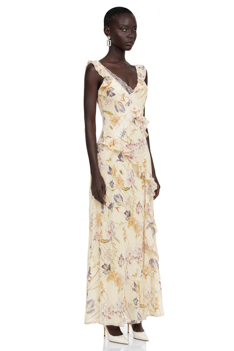 Emanuela Midi Dress Cream Floral Print with Lace Panels