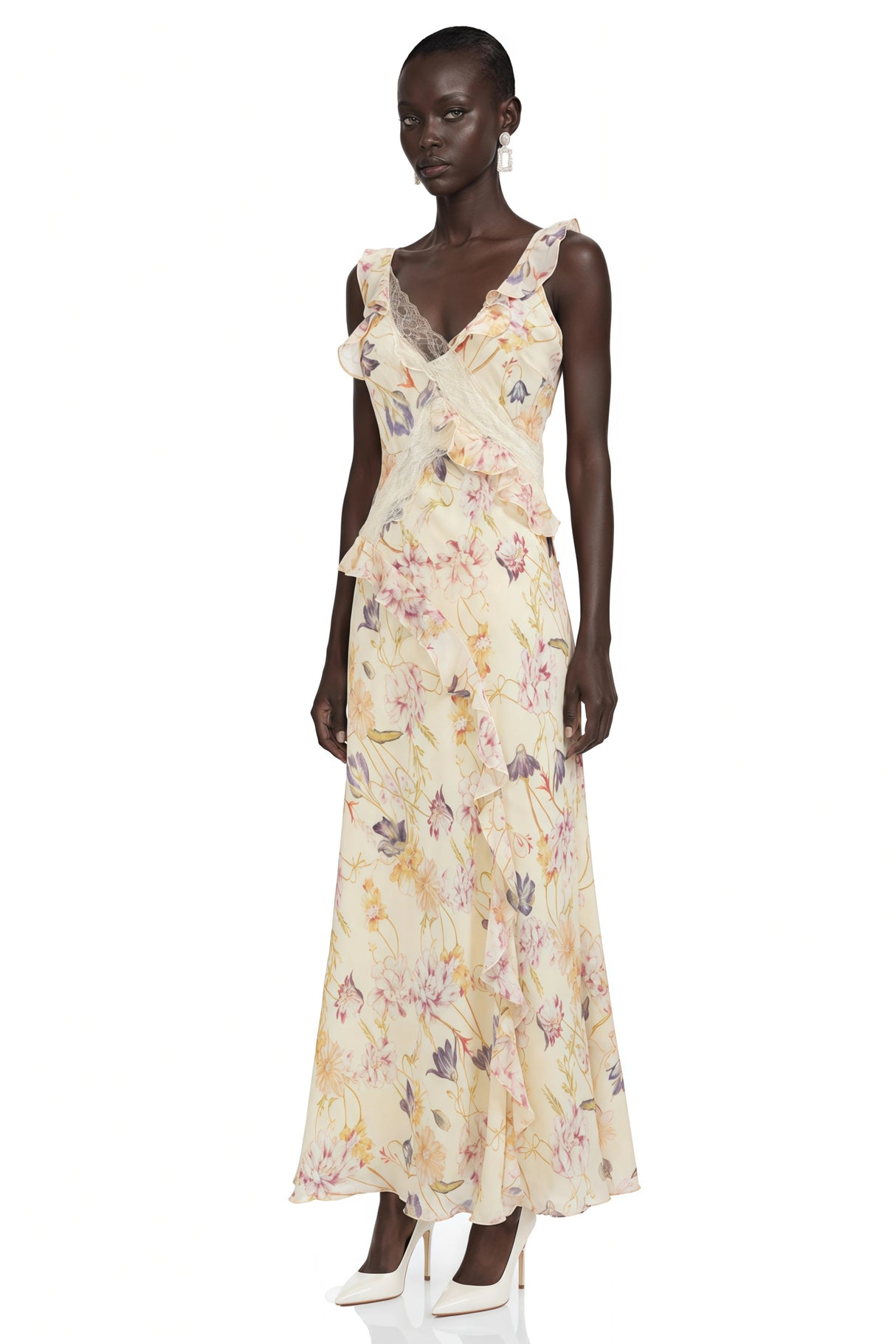 Teresa Cream Floral Print Midi Dress with Lace Panels