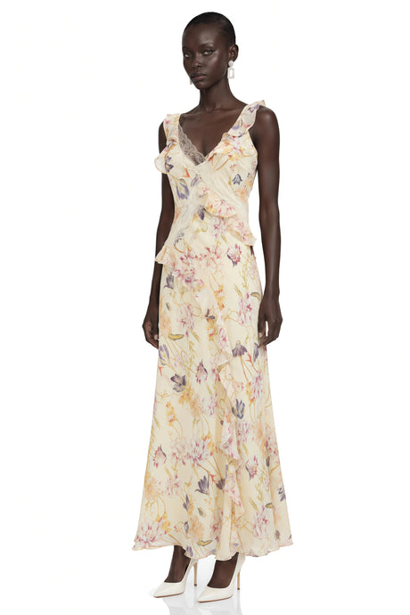 Emanuela Midi Dress Cream Floral Print with Lace Panels