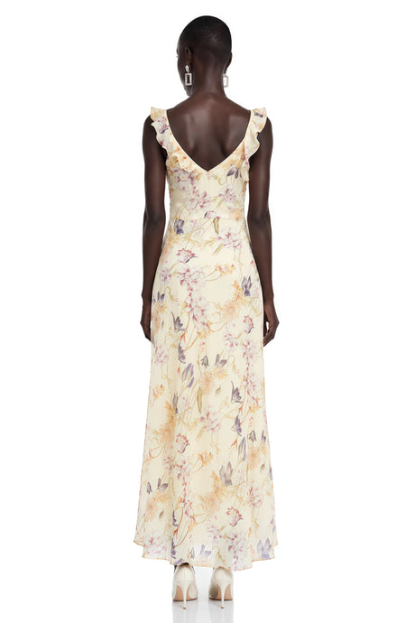Emanuela Midi Dress Cream Floral Print with Lace Panels