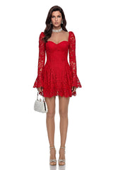 Tereza Red Ruched Lace Mini Dress