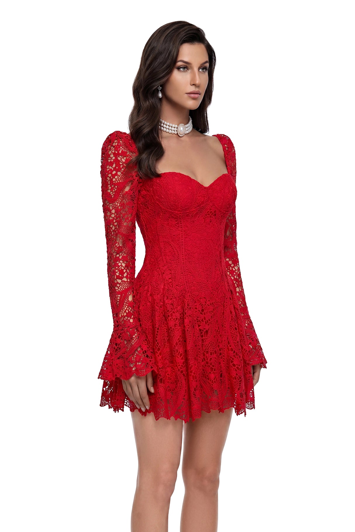 Tereza Red Ruched Lace Mini Dress