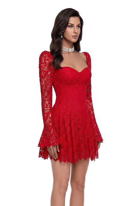 Antonietta Mini Dress Red Ruched Lace