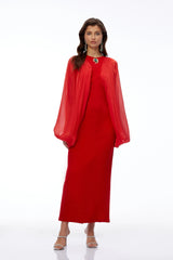 Tessa Red Ruched Maxi Dress with Ballon Sleeves