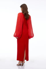 Tessa Red Ruched Maxi Dress with Ballon Sleeves