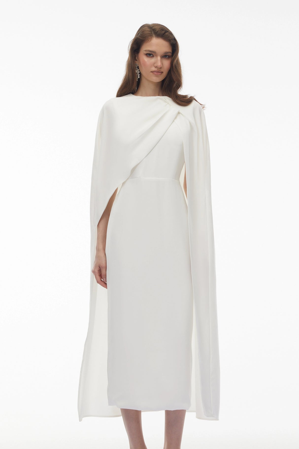 Tetyana White Cape Asymmetrical Midi Dress