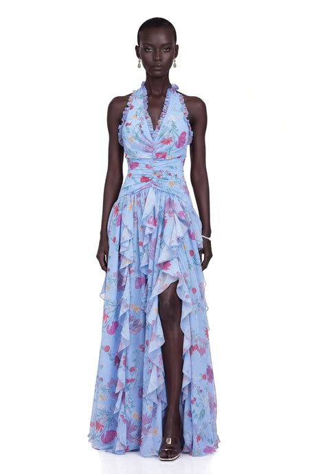Leilani Maxi Dress Blue Ruffled Floral Print