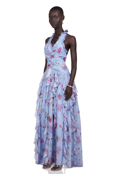 Leilani Maxi Dress Blue Ruffled Floral Print