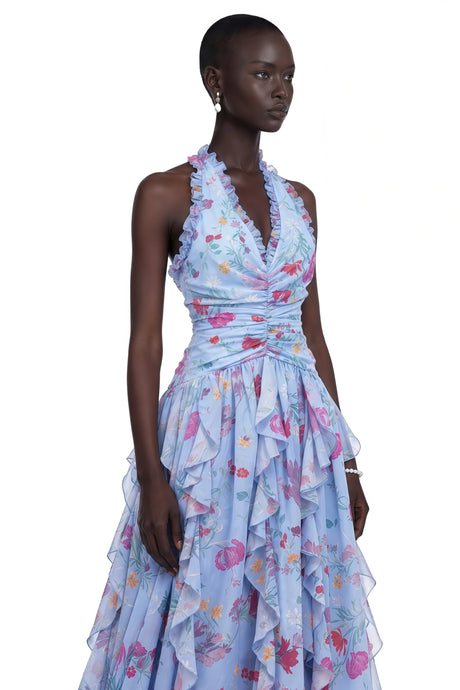 Leilani Maxi Dress Blue Ruffled Floral Print
