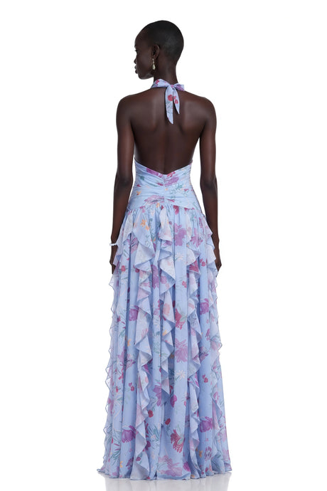 Leilani Maxi Dress Blue Ruffled Floral Print