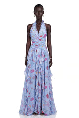 Thaïs Blue Ruffled Floral Print Maxi Dress