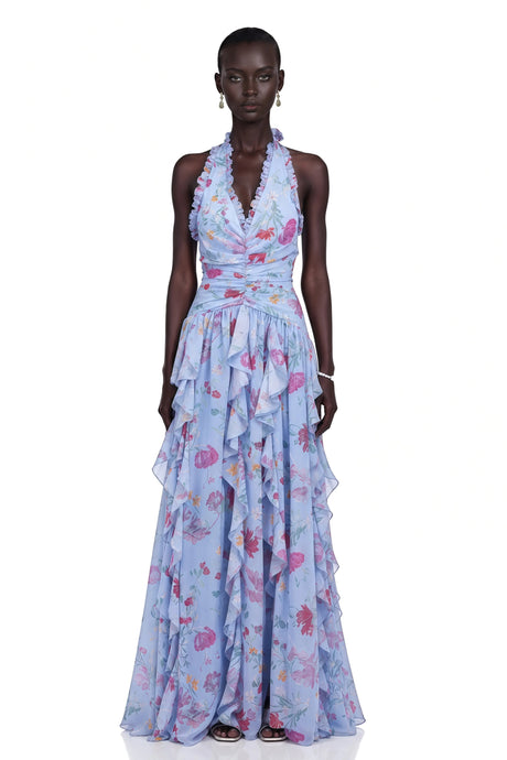 Leilani Maxi Dress Blue Ruffled Floral Print