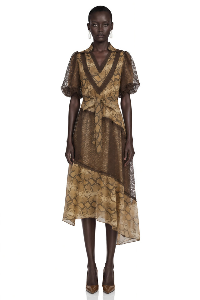 Thalassa Brown Lace VNeck Midi Dress