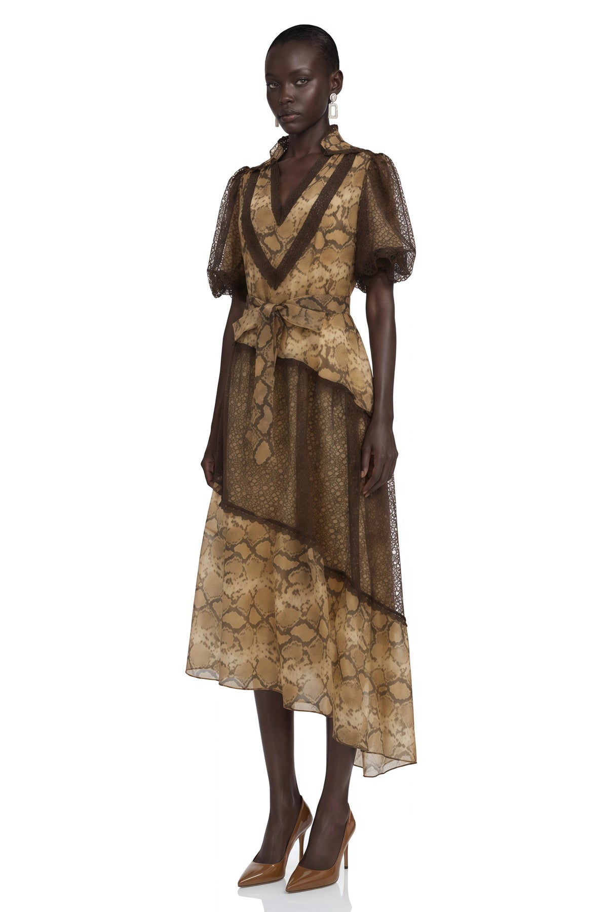 Thalassa Brown Lace VNeck Midi Dress
