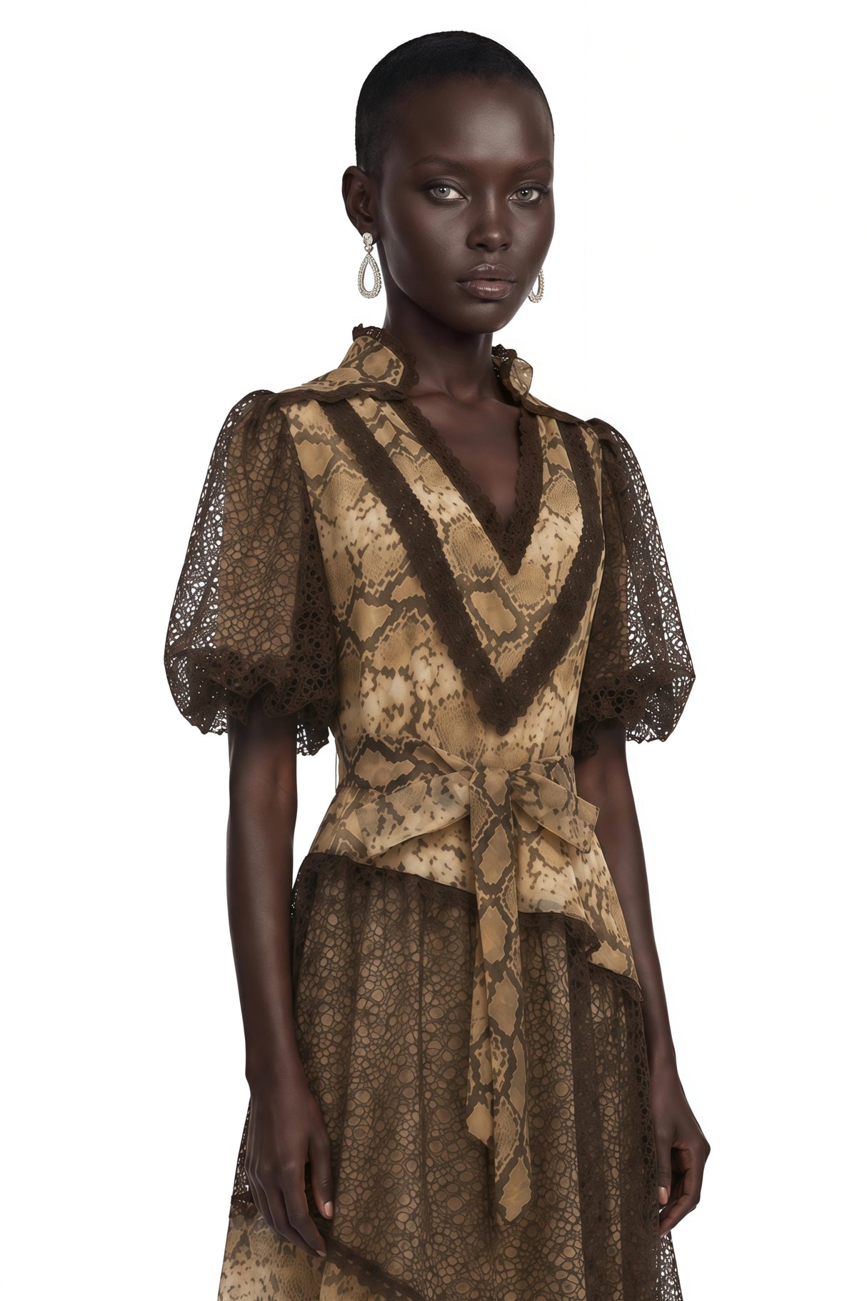 Thalassa Brown Lace VNeck Midi Dress