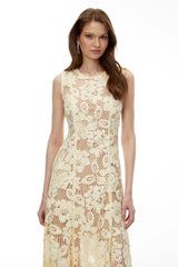 Thalassa Yellow Floral Lace Sleeveless Midi Dress