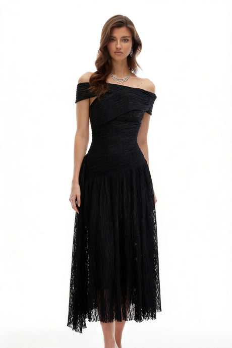 Alina Midi Dress Black Asymmetrical Textured Ruched
