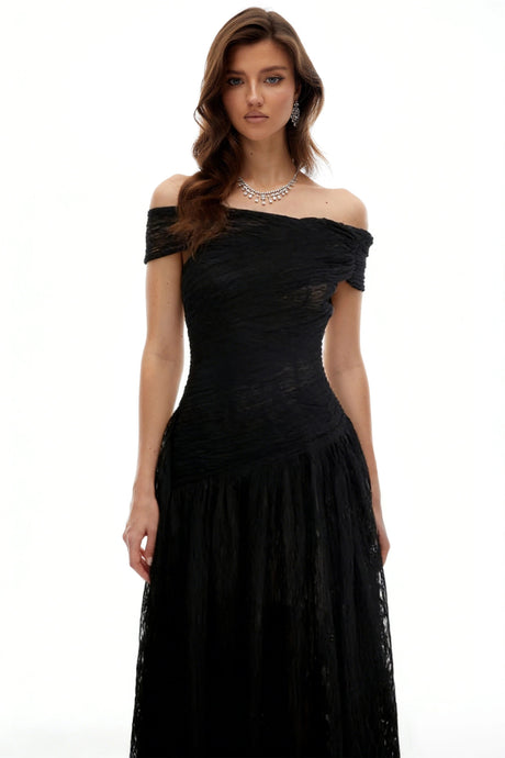 Alina Midi Dress Black Asymmetrical Textured Ruched