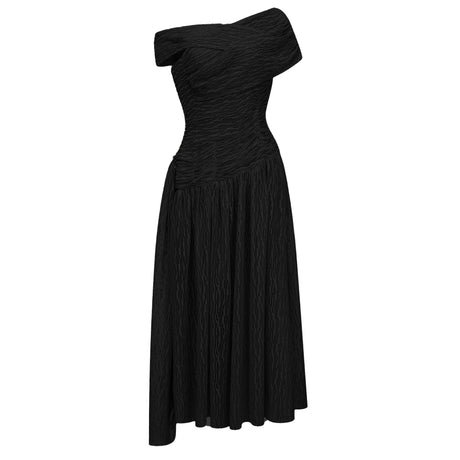 Alina Midi Dress Black Asymmetrical Textured Ruched