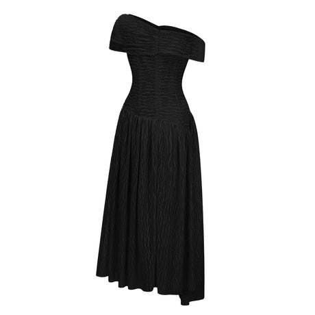 Alina Midi Dress Black Asymmetrical Textured Ruched
