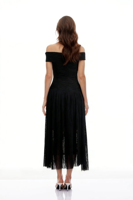 Alina Midi Dress Black Asymmetrical Textured Ruched