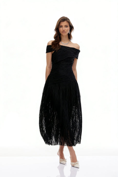Alina Midi Dress Black Asymmetrical Textured Ruched